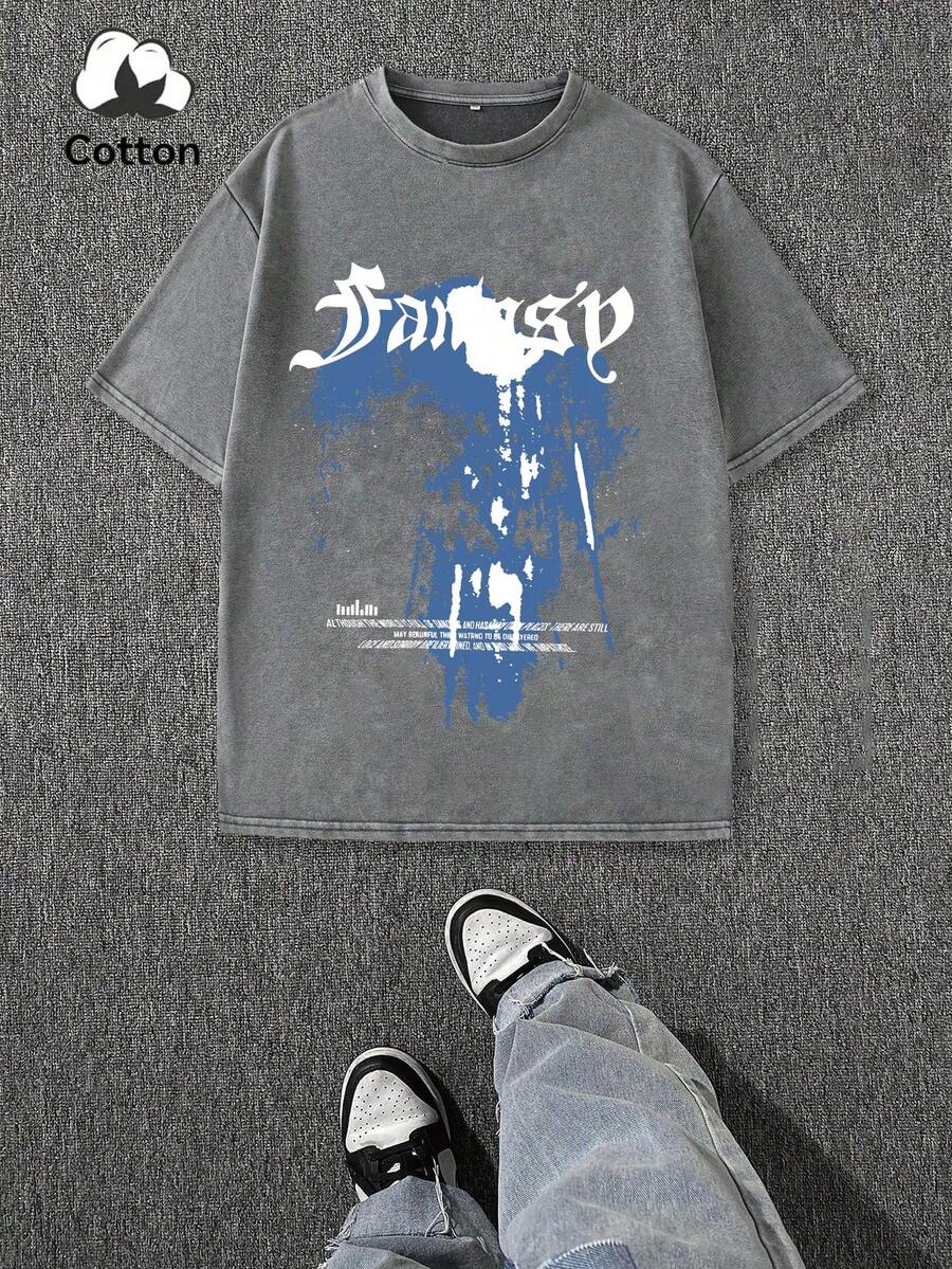 Plus Size Men's Casual Round Neck Blue Spray Painted English Text T-Shirt, Summer - Grey - View 1