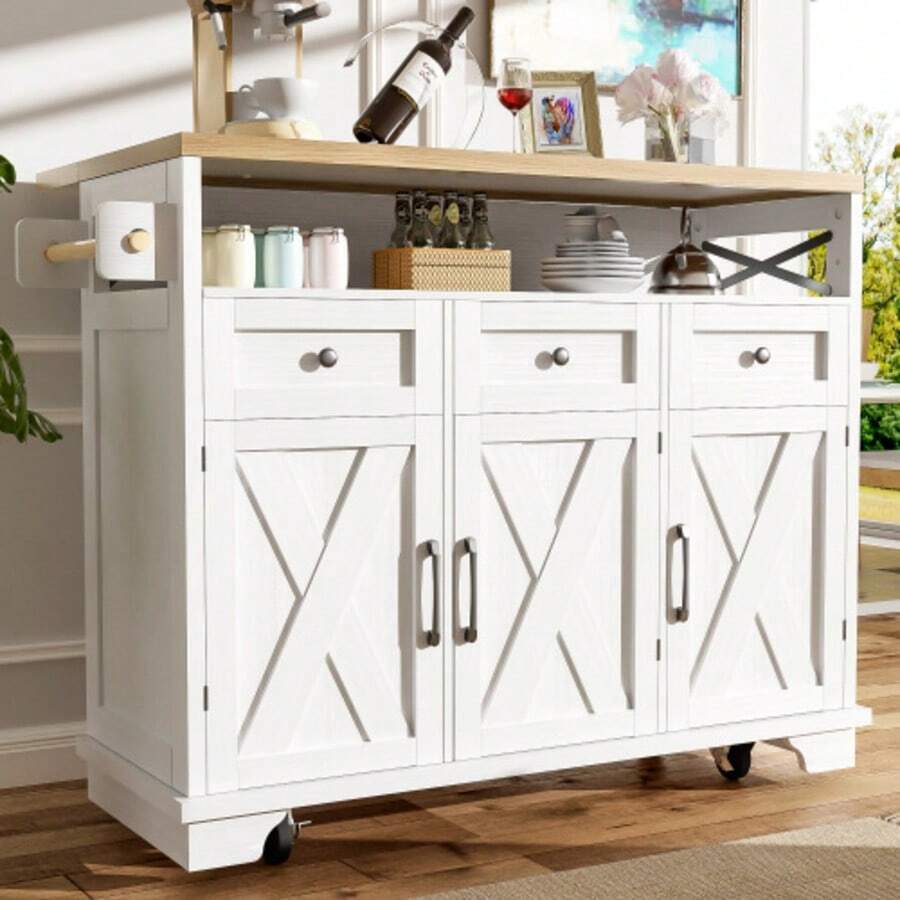Modern Kitchen Island Table (118 * 43 * 98cm) Kitchen Cabinet With Wooden Dining Trolley, With Wing Wheels, Multifunctional Storage Space, Detachable, With Towel Rail, White