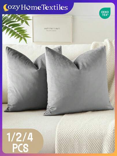 1/2/4pcs Gray Solid Color Velvet Pillow Covers, Soft Decorative Throw Pillow Cases, Pillow Covers, Bedding, Covers Only (No Inserts), Zipper Closure, Suitable For Sofa, Bedroom, Living Room And Various Room Types, Gray Velvet Pillow Covers, Soft And Breathable, Skin-Friendly, Cozy Home Textile, Suitable For All Seasons, Autumn Home Decor, Pillow Cover Size 45*45 Inches, Room Decor, Oeko-Tex Certified