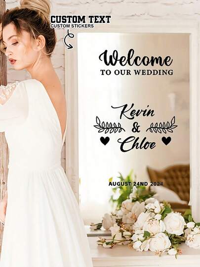 Personalized Self-Adhesive Wedding Mirror Stickers - Custom Names & Dates, Elegant Cursive Vinyl Suitable For Wedding Welcome Signs, Name Plates, Table Numbers & Programs - Decorations, No Tools Required