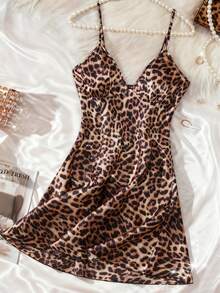 New Leopard Print Sexy Women's Lingerie, Adjustable Straps, V-Neck Triangle Cup Chemise, Satin Loose & Comfortable Nightgown