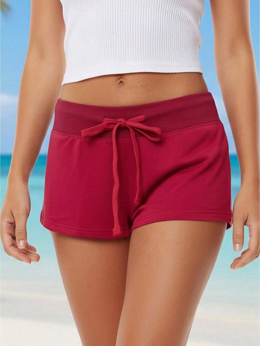 Pantalones cortos de verano con cordón para mujer, informales, elegantes, de color liso, de tiro bajo, para la vida diaria, la playa y más. - Rojo - Ver 1