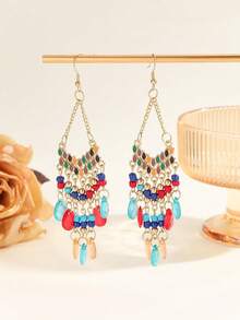 一对手工串珠耳环，夸张时尚，复古优雅，适合派对、度假、波西米亚风、欧式风、东南亚风、中东风等各种场合。 - 紅彩色 - 查看 7