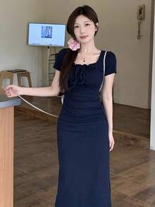 Y6Y French Blue Women's Spring/Summer Sexy Slim Fit Mid-Length Square Neck Dress - Blue - View 7