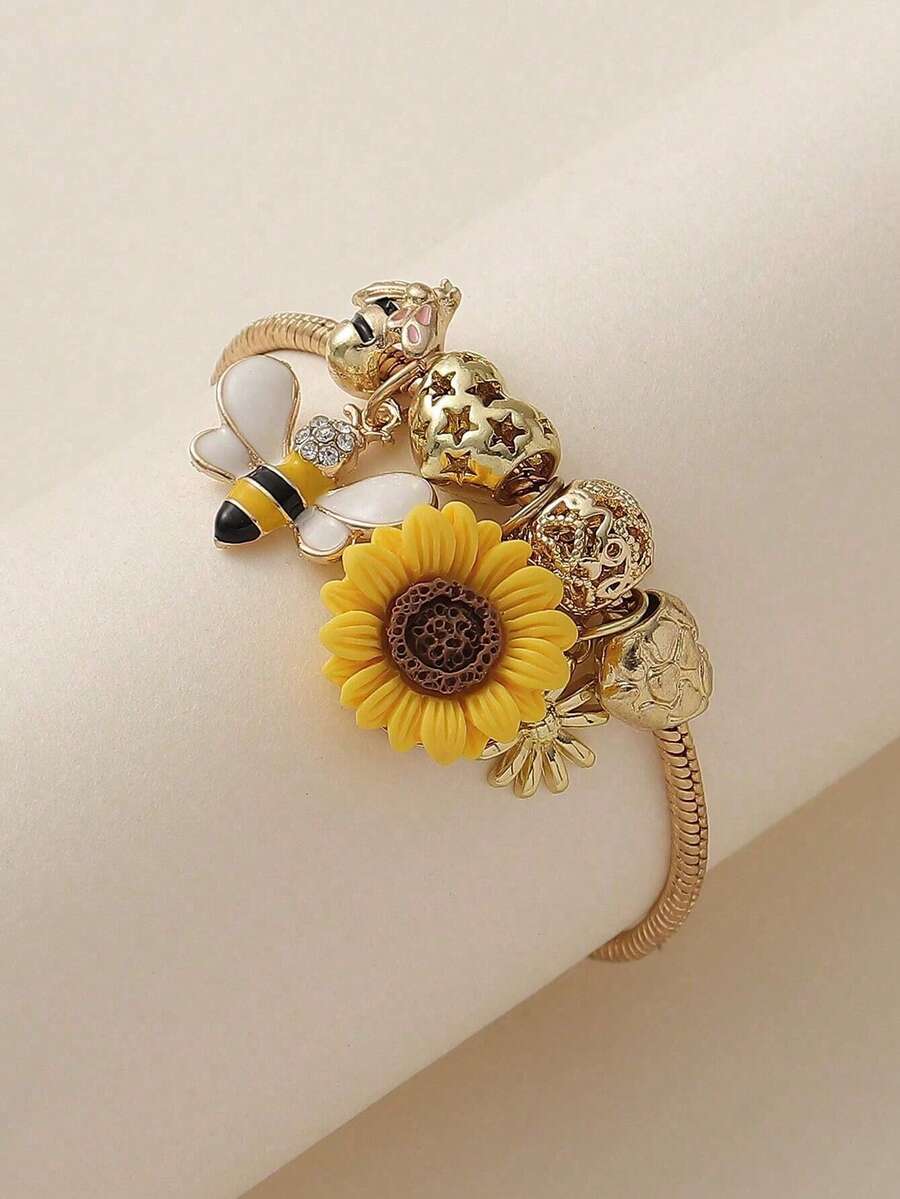 1 Piece Of Fashionable Bracelet Featuring A Golden Sunflower, Bee, And Hollowed-Out Heart-Shaped Flower Design For Teenagers - Multicolor - View 1