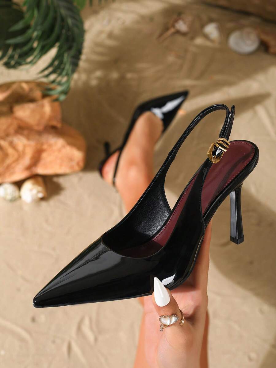 Tacones altos de punta fina para mujer de 9,5 cm, elegantes bombas de tacón fino con decoración de hebilla de metal, zapatos de vestir de piel sintética con correa trasera para uso diario, fiesta, ir al trabajo, zapatos negros de oficina/trabajo, regalo del Día de la Madre - Negro - Ver 1