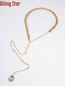 1条复古简约女士颈链+性感流苏后链，时尚个性Y形链条，可作项链、后链佩戴，镶嵌水滴形水钻吊坠，适合搭配派对礼服和露背装。 - 金色 - 查看 4