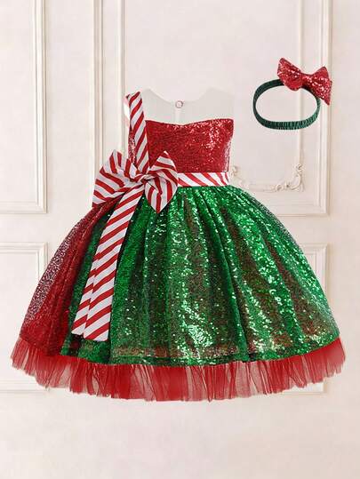 女童撞色亮片网纱蝴蝶结优雅公主裙，适合各种庆祝活动，附赠发箍