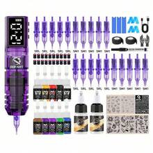 DQFART 无线纹身枪套装，一体式纹身机套装，配备1600mAh电源、数字显示屏、纹身笔套装，适合初学者的完整纹身套装，包括纹身针、纹身墨水、纹身模板和各种纹身用品。