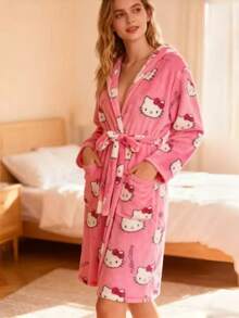 1pc Sanrio Women's Plush Robe, Cute & Elegant, Warm & Comfortable, Suitable For Autumn/Winter, Versatile - Multicolor - View 4