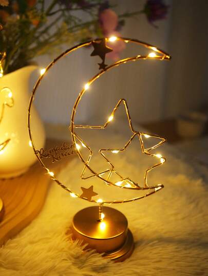 1 st Iron Art Måne & Stjärna Lamm LED Dekorativ Lampa, Kreativ Nattlampa, Romantisk Atmosfär Lampa, Månformad Nattlampa, LED-Lampa, Järnmåne Pendellampa/Bordslampa, Juldekorationslampa