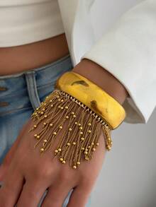 1 chiếc vòng tay tua rua đính hạt phong cách Bohemian cổ điển, vòng tay bản rộng sang trọng, vòng tay hở bằng kim loại mạ vàng, phù hợp cho phụ nữ đeo hàng ngày. - Vòng tay tua rua - Xem 2