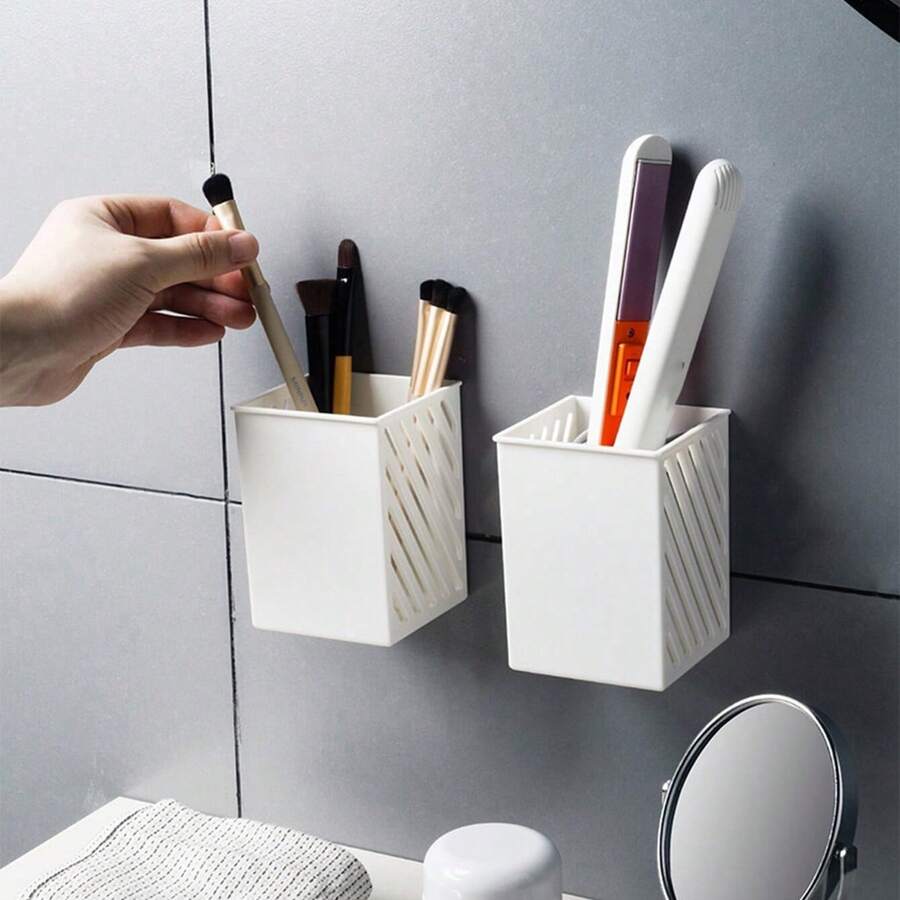 1pc-Simple Wall-Mounted Pen Holder Student Desktop Stick-On Pencil Case Mini Makeup Brush Storage Case Storage Organizer - A - View 1