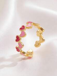 1枚心形铜质开口戒指，女士款 | 新款甜美粉色珐琅时尚戒指，适合日常休闲佩戴、情人节、度假、节日，也是送给女性、闺蜜、夏季的理想礼物 - 彩色 - 查看 3