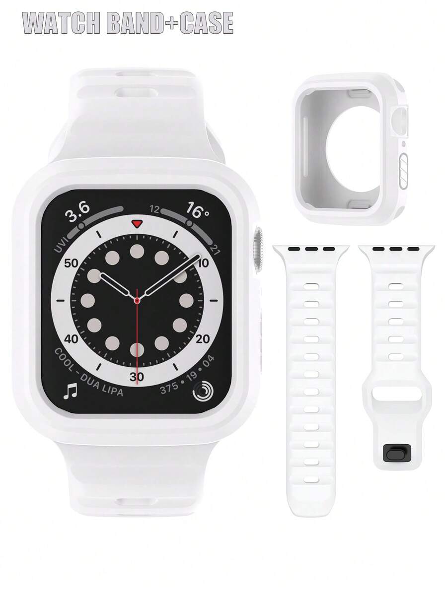 2-In-1 Soft Elastic Shock-Absorbing Silicone Watch Band And Case Set Compatible With Apple Watch Series 11/10/9/8/7/6/5/4/SE, 40mm, 41mm, 42mm, 44mm, 45mm, 46mm, Unisex - White - View 1