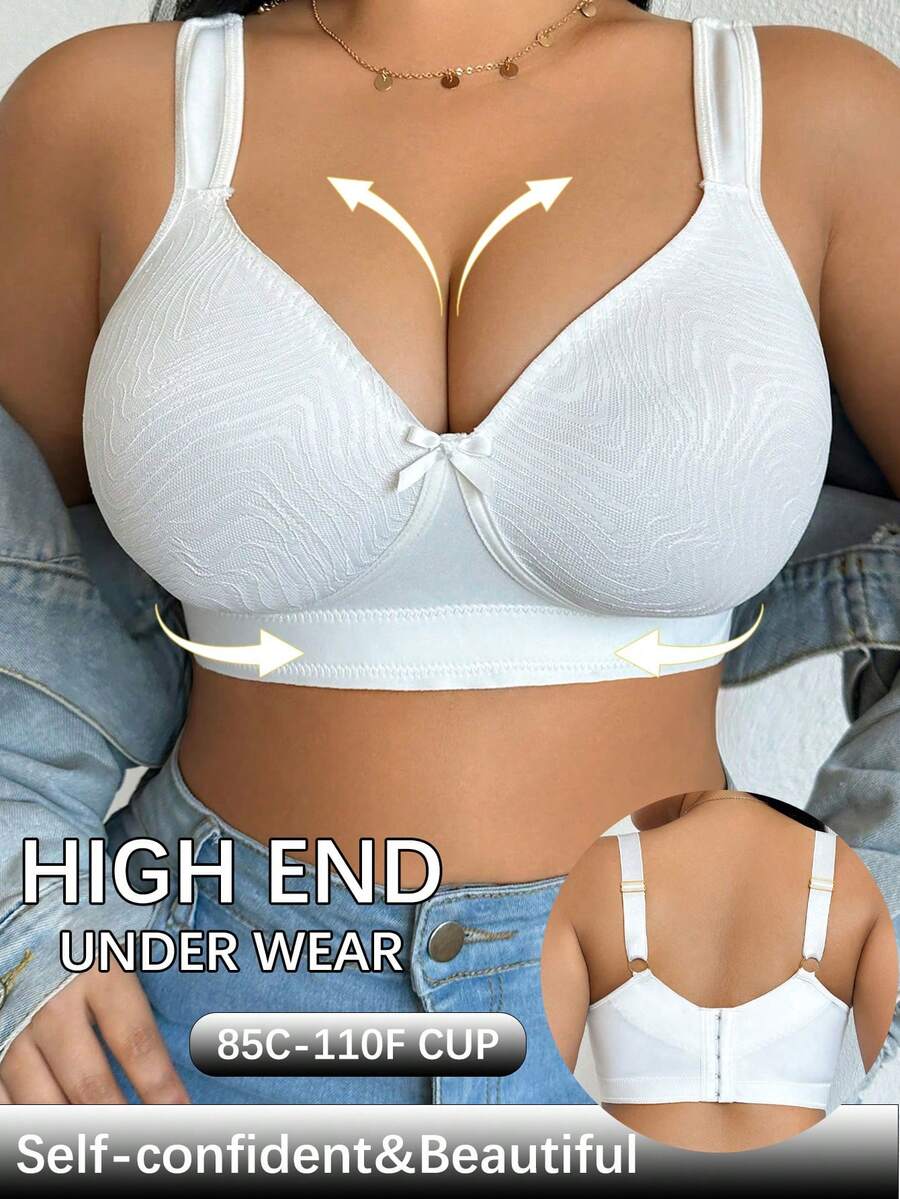 Plus Size Women Wireless Bra, Breathable Non-Slip Lace Patchwork Lift Up Adjustable Strap Seamless Everyday Wear - White - View 1
