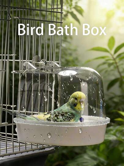 1个带防溅罩的鸟浴笼 - 透明便携式鹦鹉、玄凤鹦鹉、金丝雀、爱情鸟浴盆 - 易于清洁的宠物鸟沐浴配件