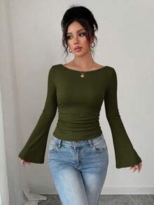 Women's Spring Fall Long Sleeve Shirts Crop Going Out Tops Casual Boat Neck Bell Sleeve Ribbed Ruched Y2K Clothes - Army Green - View 5
