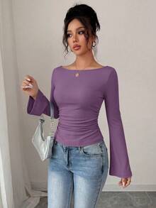Women's Spring Fall Long Sleeve Shirts Crop Going Out Tops Casual Boat Neck Bell Sleeve Ribbed Ruched Y2K Clothes - Purple - View 4