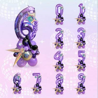 33 pezzi Set di colonna di palloncini a tema musica K-Pop per compleanno, include palloncini a forma di note musicali, numeri viola da 32 pollici da 0 a 9, stelle colorate esplosive, adatto per decorazioni di feste di compleanno a tema musica K-Pop, feste di compleanno per ragazzi e ragazze, feste di compleanno per adolescenti, decorazioni a tema karaoke musicale, feste di compleanno a tema discoteca anni '80, feste da ballo a tema cielo stellato, forniture per celebrazioni di Capodanno