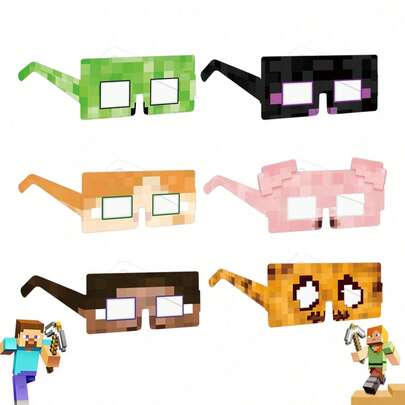 Minecraft Theme Party Decoration Set - Pixel World Glasses Headband, Steve, Alex, Suitable For Birthday, Halloween, Christmas Party, Christmas Decor, Home Christmas Gift, Christmas Decoration