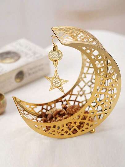1pc Gold Moon & Star Shaped Coconut Shell Tray, Suitable For Home Decor, Holiday Items, Middle Eastern Snack Plate/Tray, Moon & Star Shaped Holiday Decor (Round Ring Hanger)