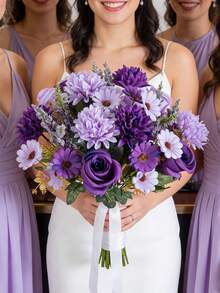 1支13.8英寸人造丝菊花、玫瑰、雏菊花束，情人节礼物，DIY婚礼花束，派对，家居，厨房，花园，酒店，办公室装饰，花环，感恩节装饰，DIY花环，礼物，桌面摆件，生日装饰，室内外装饰，批发人造塑料花瓶插花，农舍装饰，波西米亚风婚礼 - 紫色 - 查看 10