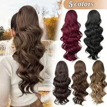 Ponytail Extension Drawstring Clip Style Wig, Black Brown Burgundy 22 Inch Long Wave Synthetic Heat-Resistant Fiber Synthetic Wig, Suitable For Women's Parties And Daily Use - Two-Tone - View 3