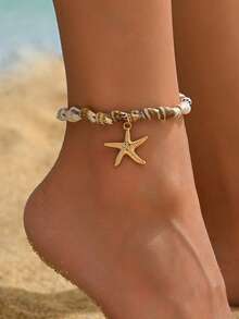 1pc Bohemian Beach Vacation Style Shell Beaded Anklet, Fashionable Metal Starfish Pendant Foot Jewelry, Suitable For Women's Daily And Vacation Wear. The Shape, Size And Surface Pattern Of The Shell Are Random And Not Fixed. - Multicolor - View 1