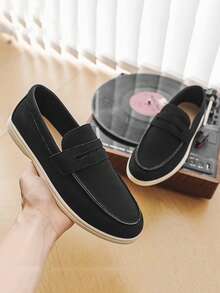 Luxury Men's Slip-On Penny Loafers, Solid Color Faux Suede Casual Shoes, Beige, Soft & Comfortable, Breathable Non-Slip Durable Sole, Fashion Suit, Casual, Student Graduation Ceremony, Business, Party, Wedding, Groom Shoes, Spring/Summer/Autumn, Plus Size - Black - View 2