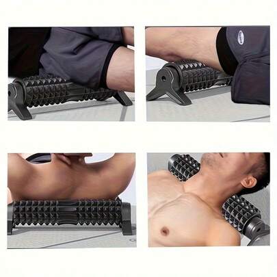 1个手动瑜伽滚筒，黑色纹理EVA泡沫按摩及姿势矫正滚筒，适用于家庭健身房、瑜伽、普拉提，便携式PP材质