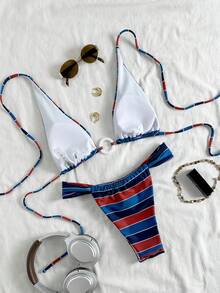 Women's Elegant Striped Print Basic Swimsuit With Round Ring Accessory, Suitable For Various Summer Occasions From Pool To Beach, Daily Triangle Bikini Beach Outfit - Multicolor - View 3