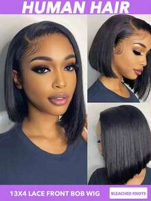 漂白打结波波头假发，真人发，13x4蕾丝前额，短直发，适合，真人发，预先拔毛，侧分，150%/200%密度，黑色，8、10、12、14、16英寸 - Natural Black - 查看 5