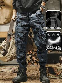 男士休闲迷彩工装裤，100% 涤纶无弹力梭织面料，常规版型，配有抽绳腰部和翻盖口袋，户外工装裤 - 深灰色 - 查看 1