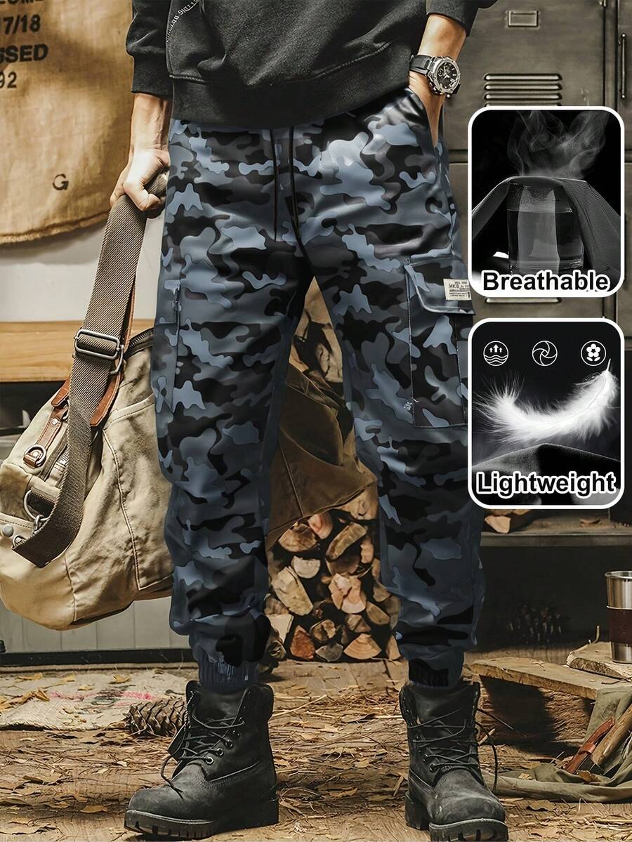 男士休闲迷彩工装裤，100% 涤纶无弹力梭织面料，常规版型，配有抽绳腰部和翻盖口袋，户外工装裤 - 深灰色 - 查看 1