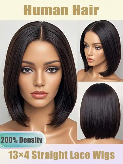 女士时尚16英寸黑色短波波头假发 - 中分直发，适合日常佩戴和角色扮演，200%密度，13x4透明蕾丝前假发，优雅短波波头蕾丝前假发，女士短直波波头假发，真人发，预先拔毛，无胶假发，时尚直发短波波头假发，真人发，适合初学者，易于佩戴，预先拔毛，适合日常和特殊场合，8-16英寸自然黑色