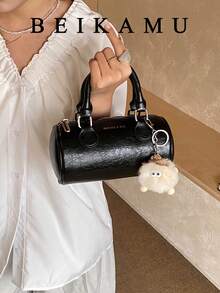 New Glossy Black Boston Pillow Bag, Detachable Strap Handbag & Shoulder Bag, Chic & Versatile For Commuting, Quality Women Bag - Black - View 9