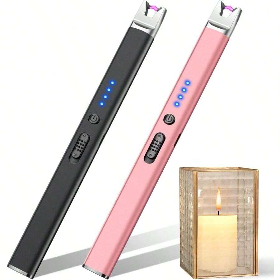 LcFun 2 Pack Candle Lighter USB Rechargeable Plasma Lighter With Safety Lock, Windproof Flameless Long Lighters Candle, Grill, BBQ, Camping, Gas Stoves (Black, Gold) - Black & Rose Gold - View 1
