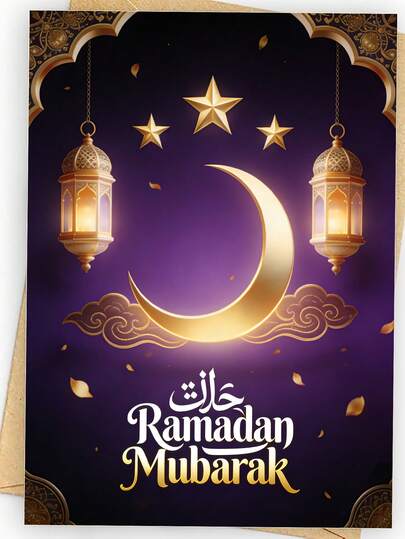 1 Ramadan Greeting Card With Envelope, Featuring A Star And Moon Pattern