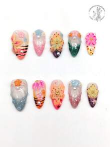 10 Pieces Of Pure Hand-Pressed Wearable Nail, 25mm Long Almond-Shaped Nail, Beige Nail, Orange, Green, Purple, Coffee And Other Colors, Three-Dimensional Raised Flowers, 3D Small Flower Embellishment, Raised Line Decoration. Cute Nail Film, Spring Nail Film. It Is Suitable For Daily Leisure Vacation, Banquets, Parties, Shows And Other Activities. Nail Supplies Nails Handmade Press On Nails - Multicolor - View 2
