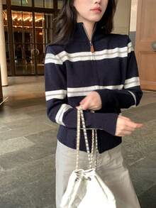 Striped Cardigan Sweater, New Autumn/Winter High Neck Slim Fit Versatile Knit Jacket, Random Fabric Piece - Navy Blue - View 5