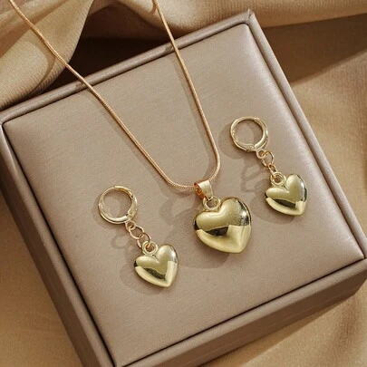Glossy Gold Plated Metal Heart Dangle Earrings Necklace Jewelry Set For Women Simple Dainty Daily Wear Outfit Accessories