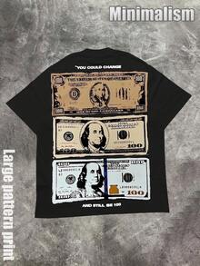 "In Motion We Trust: $100 Bill Graphic Tee" (220g Cotton T-Shirt) Printed T-Shirt, Graphic Tee, Unisex T-Shirt, Casual And Comfortable, Men's Cotton T-Shirt. Interesting Pattern T-Shirts, Street Life, Home Leisure, Friends Gathering,Graphic Tees Men - 黑色 - 查看 3