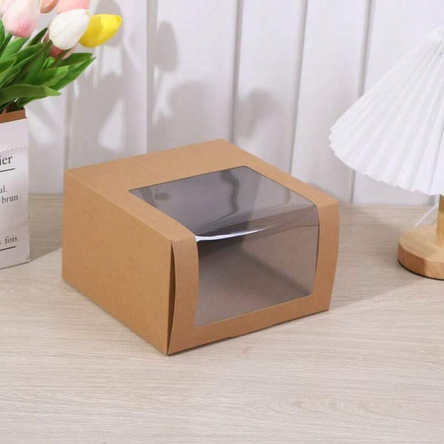Caja de pastel con ventana transparente de 19,5 cm * 19,5 cm * 12 cm, caja de regalo de panadería, caja de exhibición de regalo para fiestas, caja de papel, caja de embalaje de regalo transparente, regalo de cumpleaños, caja de embalaje de pasteles y productos horneados, caja de regalo, caja de pastel, caja de pastel de papel, caja de regalo de pastel mixto, negro, blanco, papel kraft, unicolor, esencial - Color del papel kraft - Ver 1