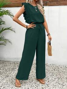 Ruffled Sleeve Co - Ord Set Textured Top Drawstring Wide - Leg Pants Boho Chic Outfit - 軍綠色 - 查看 5