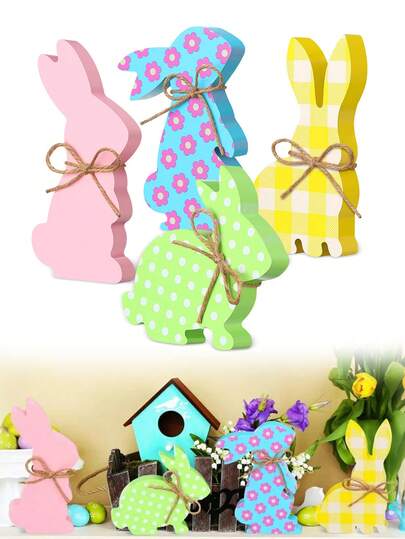 4pcs Easter Bunny Wooden Desktop Decor, Rabbit Shaped Rustic Style Spring Easter Bunny Wooden Desktop Ornaments, Easter Bunny Dining Table Decor, Easter Decorations, Garden Decor, Wooden Easter Decorative Pieces