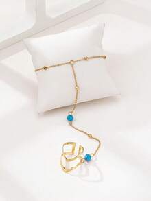 1 pieza Anillo de nudillo de cadena de metal con cuentas de turquesa de estilo minimalista y moderno (patrón de vetas de turquesa al azar) - Amarillo Oro - Ver 2