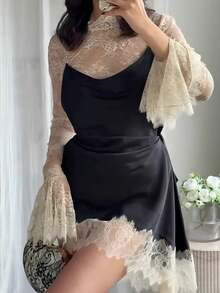 性感蕾丝拼接连衣裙，撞色喇叭袖短款连衣裙，时尚优雅女士晚礼服 - 黑色 - 查看 2