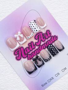 10片/套 手工方形美甲贴片，Y2K 酷炫风格，裸色、白色、棕色、红色美甲贴片，法式贴片，斑马纹、雕刻、樱桃、玫瑰、十字架、火箭图案，闪亮美甲装饰，适合女性和女孩，派对、日常佩戴皆宜，包含工具包，女士美甲用品的绝佳礼物 - 黑與白 - 查看 3