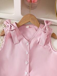 Tween Girls' Spring/Summer Sleeveless Button-Up Camisole With Bow Strap & Wide Leg Pants 2 Pieces Casual Set - Pink - View 3